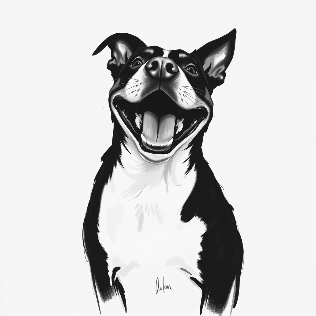 Abstract black and white acrylic portrait of an over exaggerated laughing (dog). Minimalism style. White background.