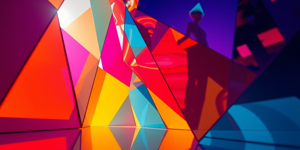 Create an abstract image featuring dynamic shapes and vibrant colors, shot with a Canon EOS R5, 50mm lens at f/1.8, ISO 100, 1/200s, using a low-angle view to enhance depth and perspective, emphasizing contrast and saturation for a striking visual effect.