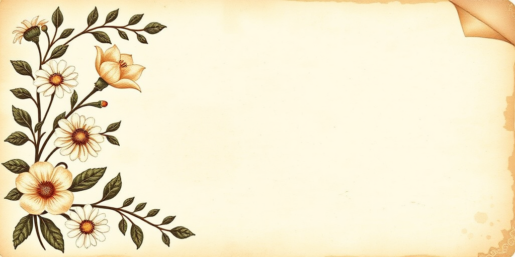 Create a high-resolution image of a blank vintage scrapbook page with a decorative floral border on the left, using a DSLR camera with an aperture of f/4, ISO 100, and a focal length of 50mm, captured from a slight overhead angle for depth and detail.