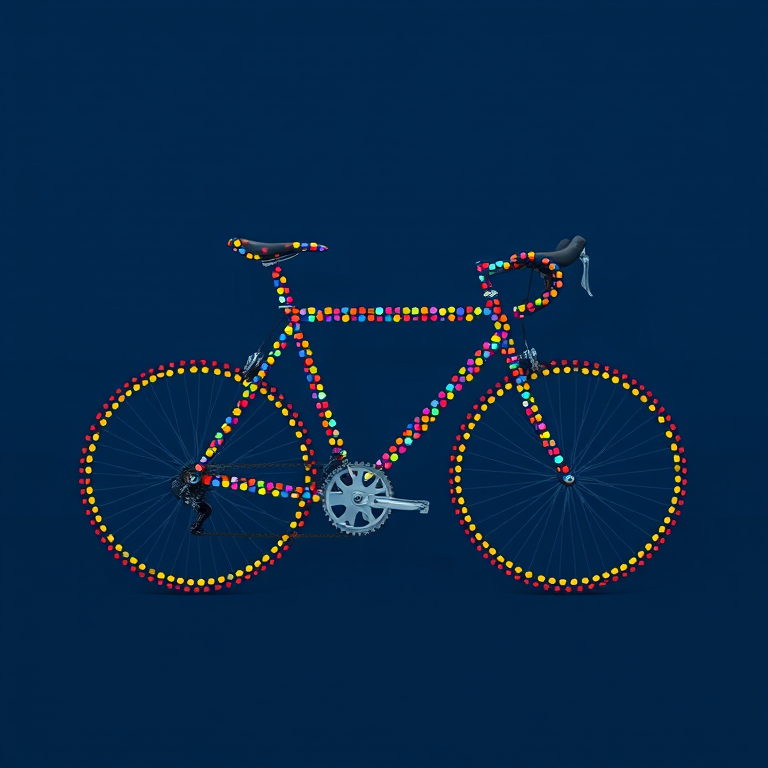 Create an abstract image of a bicycle composed of colorful dots against a dark blue background, using a DSLR camera with a 50mm lens, f/1.8 aperture, ISO 200, shot from a side view in natural lighting to enhance image clarity and detail.