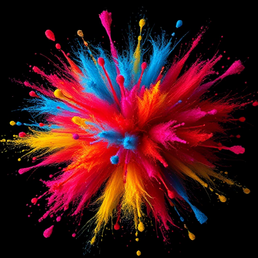 Create an abstract explosion of color with vibrant reds, blues, and yellows on a dark background, shot with a DSLR camera at f/2.8, ISO 100, 50mm lens, using a wide-angle view and a macro style for enhanced detail and clarity.