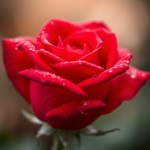 close-up of a fresh red rose with water droplets, soft focus background, 50mm lens, aperture f/2.8, ISO 100, natural light, macro photography, DSLR camera