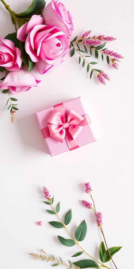 Create a flat lay image of a pink gift box with a bow on top, using a DSLR camera with 50mm lens, aperture f/2.8, ISO 100, and natural lighting to enhance the colors and details.