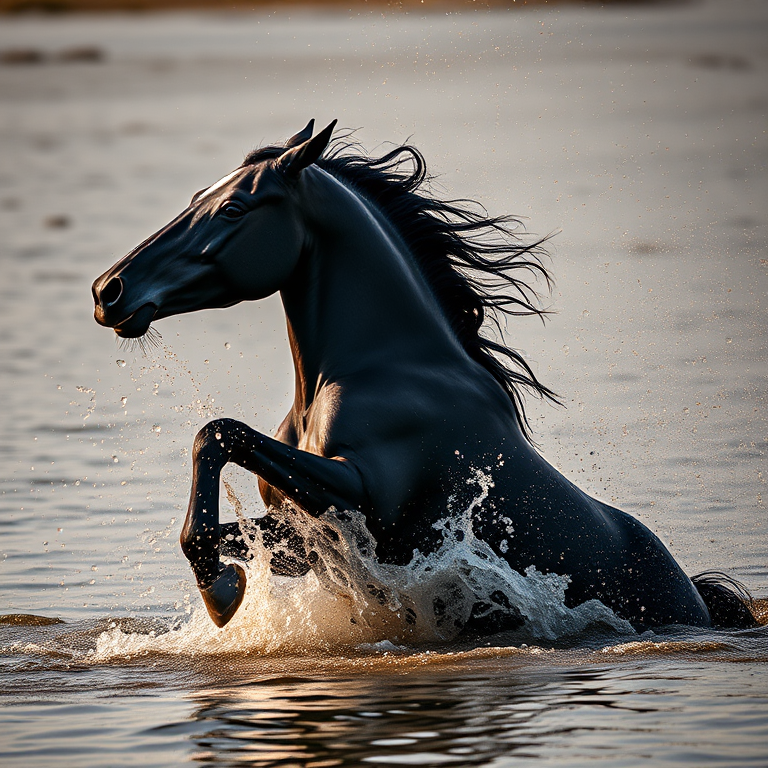 Create a high-resolution image of a powerful black horse rearing in water, splashing golden droplets around, using a DSLR camera with a 50mm lens at f/1.8, ISO 100, shutter speed 1/200s, in a low angle perspective to emphasize motion and drama, with natural lighting to enhance reflections and details.