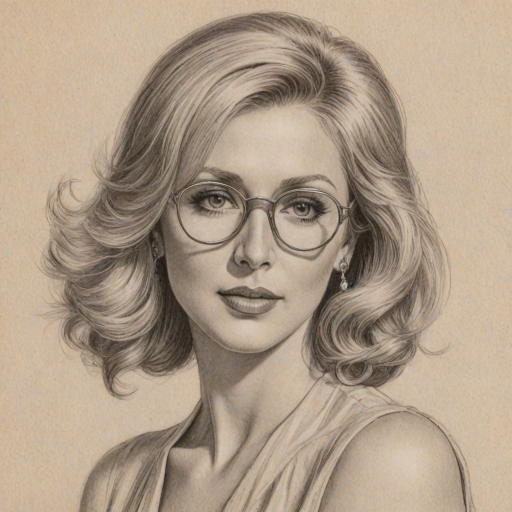 Gorgeous Morgan Fairchild, pencil sketch, portrait of Graceful woman 1928s in glasses, hair style beatnik, outline, clear lines, fine lines, 8k