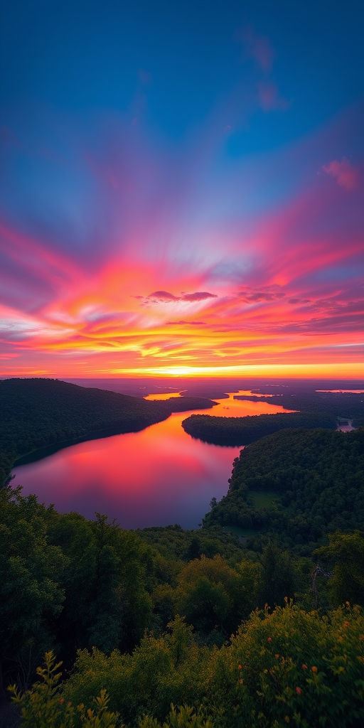 Generate a high-resolution image of a serene landscape featuring a vibrant sunset over a calm lake surrounded by lush greenery, shot with a Canon EOS R5 at f/8, ISO 100, 1/200s, using a wide-angle lens with a view of the horizon to capture the full spectrum of colors in the sky.
