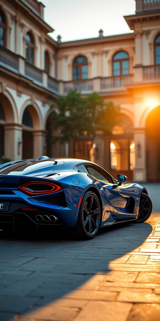 photograph of a blue luxury sports car parked in an ornate courtyard, soft golden hour sunlight, camera settings: f/2.8 aperture, ISO 100, 1/200 sec shutter speed, wide-angle lens, DSLR camera, high dynamic range, shallow depth of field, focus on the car with a blurred background