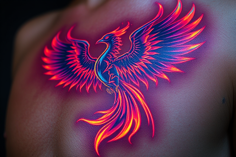 Futuristic holographic tattoo showcasing a cybernetic phoenix rising from digital flames, rendered with specially formulated inks that shimmer and change color under different lighting conditions