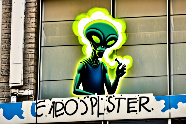 alien holdind a graffiti can blowing smoke cloud with the word spelled out in the smoke