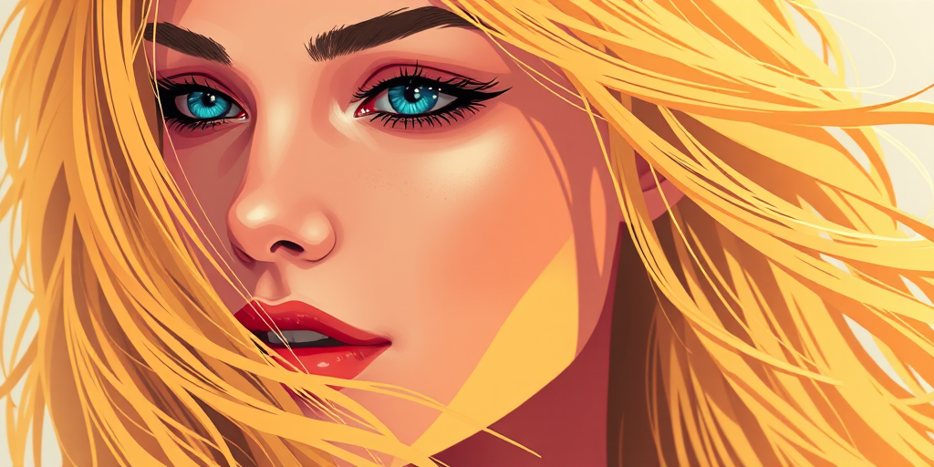 Generate a high-resolution digital illustration of a stylized woman with flowing golden hair, using a close-up shot with a soft focus effect, captured on a DSLR camera with an aperture of f/2.8 and ISO 100, applying a vibrant color filter for enhanced luminosity.
