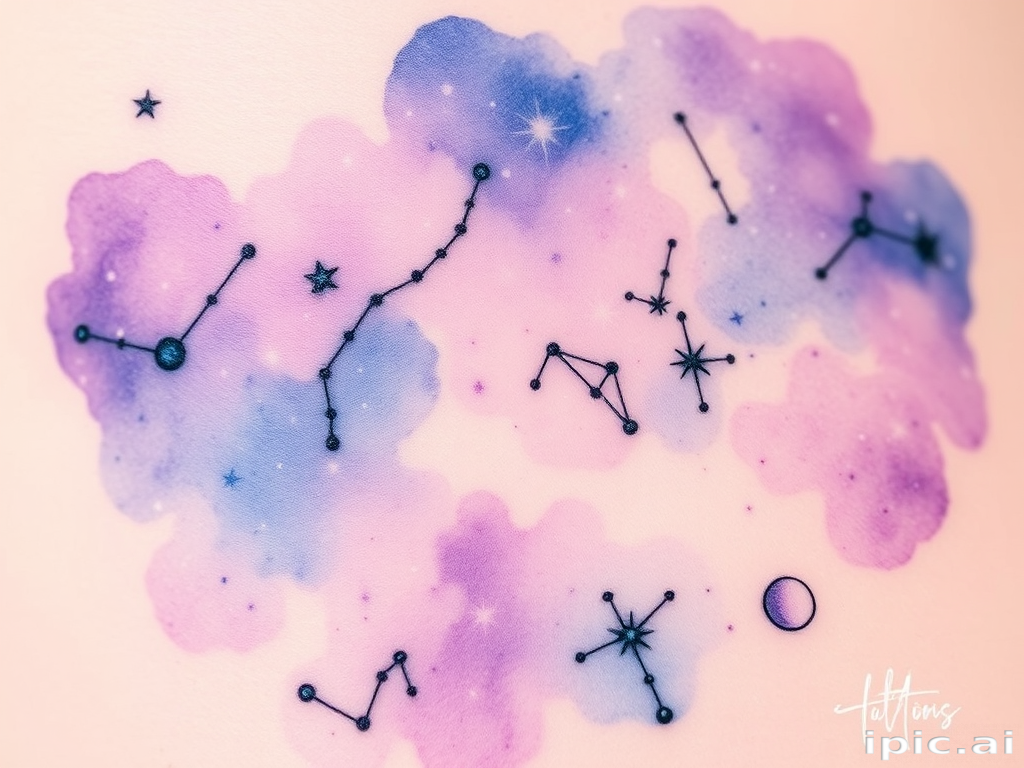 Ethereal watercolor galaxy tattoo called "Cosmic Dreams" depicting a dreamy expanse of stars, nebulae, and celestial bodies. Soft washes of purple, blue, and pink blend seamlessly, creating a magical atmosphere. Splashes of white ink represent twinkling stars, while fine black lines outline planets and constellations, adding structure to the ethereal design.