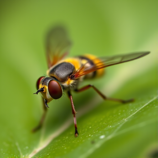 macro shot of a yellow and black hoverfly on a green leaf, shallow depth of field, ISO 100, f/2.8, 1/200s, 100mm macro lens, soft natural lighting, Canon DSLR