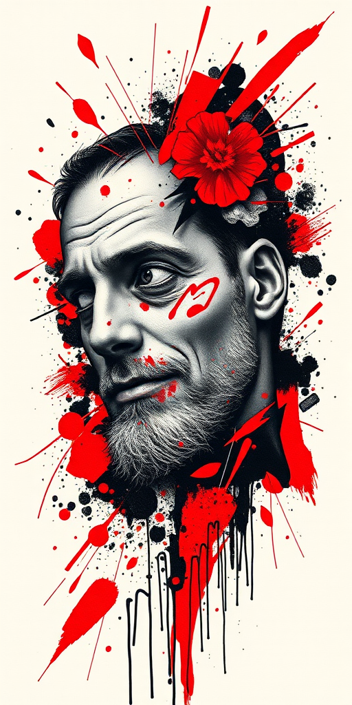 Trash polka tattoo combining realistic and abstract elements, featuring bold red accents and chaotic brushstrokes on a black background, named "Organized Chaos"