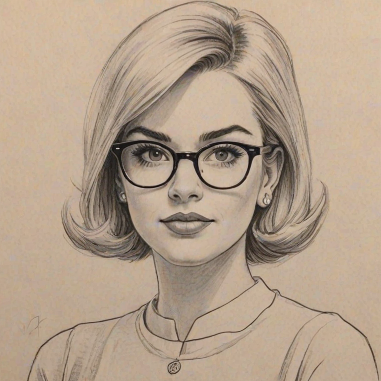 Dazzling Sabrina Spellman, pencil sketch, portrait of Fetching woman 1963s in glasses, hair style beatnik, outline, clear lines, fine lines, 8k