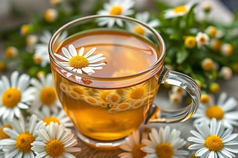 Capture a close-up of a glass teacup filled with chamomile tea, surrounded by fresh daisies and herbal elements, using a Canon EOS R5 with a 50mm f/1.8 lens, aperture set to f/2.8, ISO 200, natural soft lighting to enhance the colors and depth of field.
