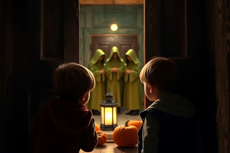 Create an image of two children peering through an old wooden door at a group of ghostly figures in cloaks, illuminated by a lantern with pumpkins nearby, in a dimly lit room; use a DSLR camera, 50mm lens, f/1.8 aperture, ISO 200, and a shallow depth of field for enhanced clarity and focus on the children.