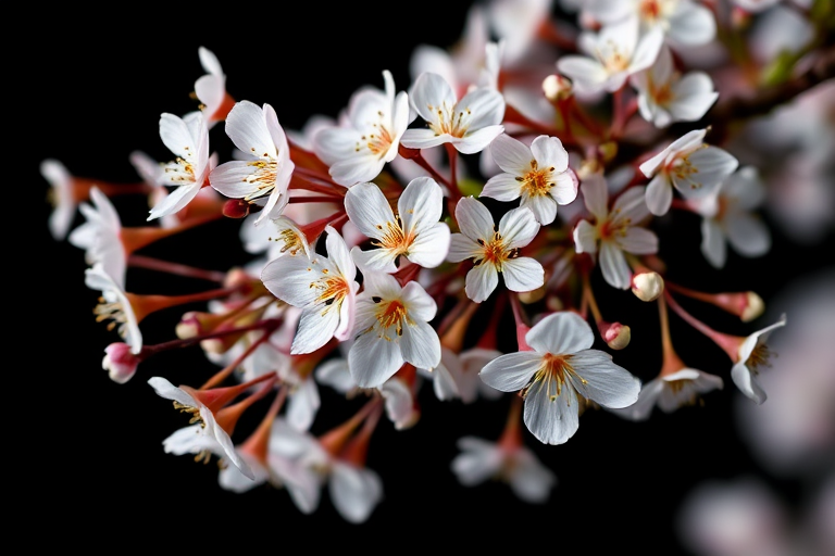 A close-up shot of cherry blossom branches with white flowers against a black background, taken with a macro lens, f/2.8 aperture, ISO 100, 1/200 sec shutter speed, using a DSLR camera for enhanced detail and clarity.