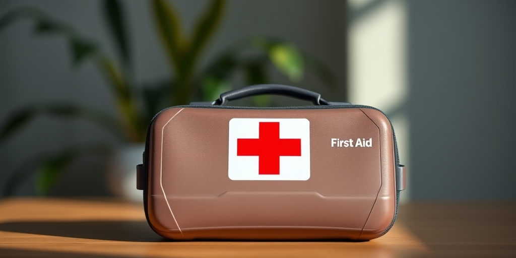Create an image of a modern first aid kit with a red cross symbol on top, using a Canon EOS 5D Mark IV camera, 50mm lens, f/8 aperture, ISO 100, natural light, and a shallow depth of field to enhance details and colors.
