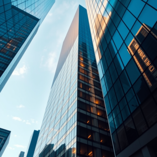 Generate an image of a modern skyscraper captured from a low angle looking up between two tall glass buildings, showcasing reflections of the sky and surrounding architecture, with a wide-angle lens at f/8, ISO 100, shutter speed 1/250s, using a digital DSLR camera.