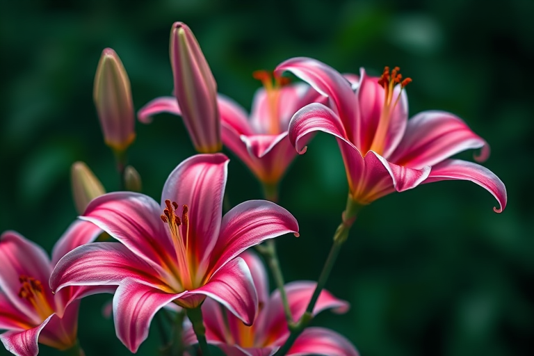 Regenerate an image of vibrant pink lilies against a dark green background, macro lens effect, f/2.8 aperture, ISO 100, 50mm lens, soft focus style, shot with a DSLR camera.
