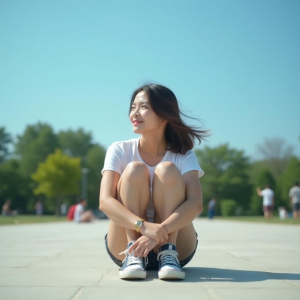 Generate an ultra-realistic, highly detailed, high-definition photograph. It's a photo of a girl sitting on the floor. She's looking at the horizon. The photo is taken from the bottom up, at ground level. The girl's sneakers are in the foreground, in the center of the scene. The girl is wearing light clothes, a t-shirt and short shorts. The sky is blue. Bright environment. The background is a blurred image of a park.