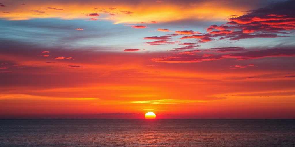 Capture a vibrant sunset over a calm sea with rich colors in the sky, using a Canon EOS 5D Mark IV, f/8 aperture, 1/125 sec shutter speed, ISO 100, wide-angle lens, golden hour view, focus on horizon with high dynamic range.