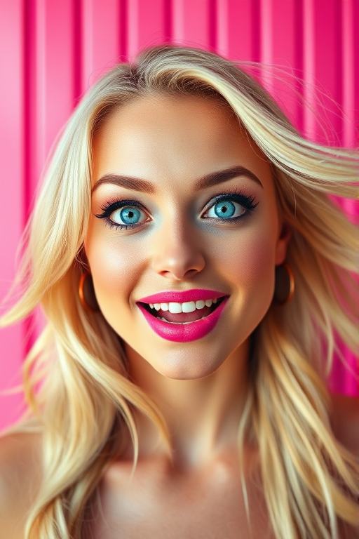 A vibrant, animated portrait of a blonde woman with bright blue eyes and pink lipstick, her hair flowing, set against a bold pink striped background, captured with a Canon EOS 5D Mark IV, 50mm lens, f/1.8 aperture, ISO 100, shot at eye level, in a high contrast, colorful style.