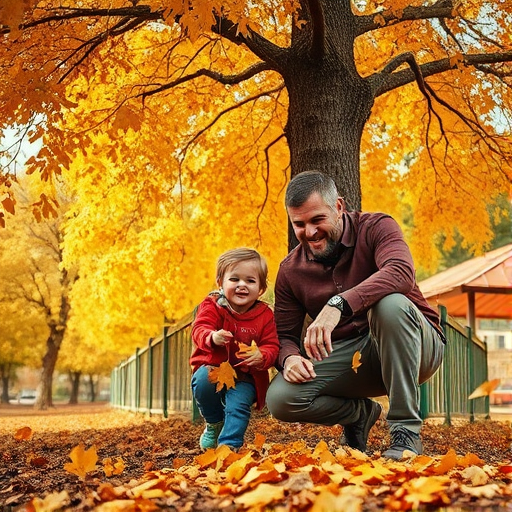Capture a warm autumn scene of a man and a child playing with falling leaves under a tree, with golden foliage in the background, using a DSLR camera with a 50mm lens, aperture set to f/2.8, ISO 200, and a shutter speed of 1/200s, shot in natural light from a low angle to emphasize the joyful expressions and vibrant colors.