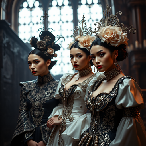 Create a highly detailed image of three elegantly dressed figures in a gothic setting, featuring ornate costumes with metallic and floral elements, soft ambient lighting, captured with a full-frame DSLR camera, 50mm lens at f/1.8, ISO 100, in portrait orientation for enhanced depth and detail.