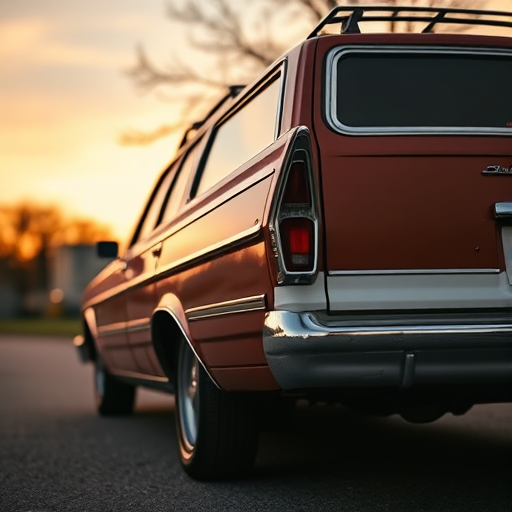 Regenerate the image of a classic station wagon parked at sunset, focusing on the distinct features of the vehicle with a shallow depth of field, using a Canon EOS R5 with an 85mm f/1.2 lens, aperture set to f/2.8, ISO 100, shutter speed 1/200 sec, shot from a low angle to emphasize the car's profile and surroundings.