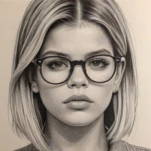 Superb Sofia Richie, pencil sketch, portrait of Enchanting woman 1966s in glasses, hair style beatnik, outline, clear lines, fine lines, 8k