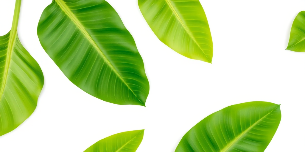 Generate a high-resolution tropical leaf pattern with vibrant green banana leaves on a white background, shot with a Canon EOS R5 at f/8, ISO 100, 50mm lens, using a flat lay angle for a clean, detailed view.