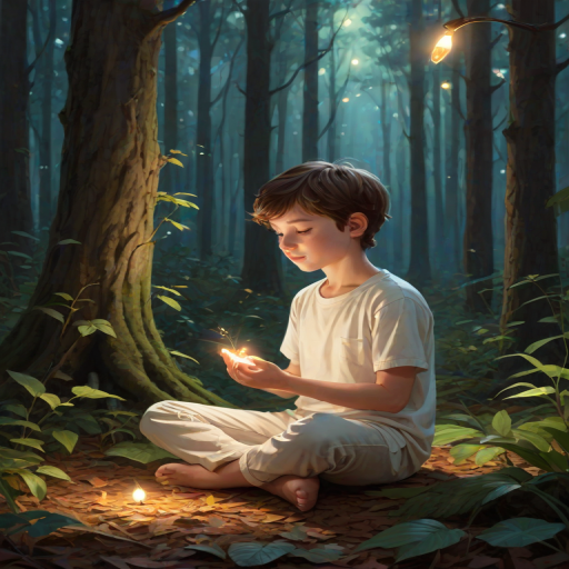 A luminous digital painting of a serene forest scene featuring a barefoot young boy, about 7 years old, with brown hair and fair skin, dressed in a simple white outfit. He sits cross-legged on the forest floor, gazing at a small, glowing, magical firefly in his hand. Beside him, a delicate spotted deer lies calmly on a bed of dried leaves, observing the scene. The dense forest is bathed in warm, golden light filtering through the trees, creating a peaceful, magical atmosphere with a blend of natural and mystical elements.