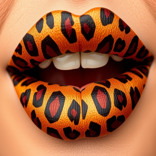 Fierce leopard print lips feature a bold animal pattern in warm golden and chocolate tones, making a statement with their unique and daring design