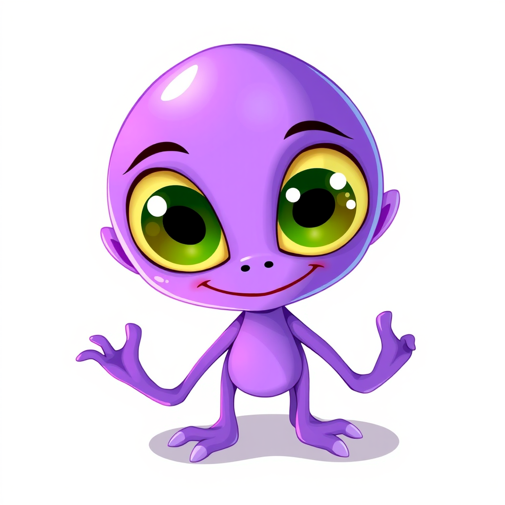 Create an illustration of a purple alien character with large eyes, a quirky smile, and cartoonish limbs, in a bright and colorful style with a white background, using a digital drawing tablet with a resolution of 300 DPI, focused on vibrant colors and clean outlines, captured at a high-angle view with soft lighting.