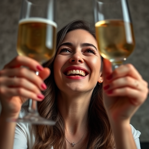 portrait of a woman raising a glass, joyful expression, studio lighting, soft focus, 50mm lens, f/1.8 aperture, ISO 200, 1/200 sec shutter speed, low angle view, textured backdrop, candid style, high resolution