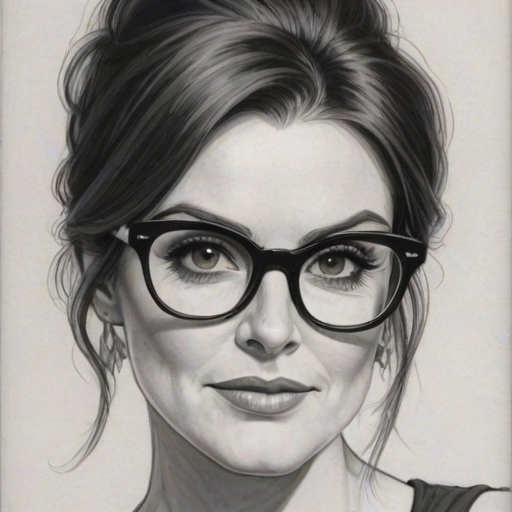 Enchanting Megan Mullally, pencil sketch, portrait of Sublime woman 1967s in glasses, hair style beatnik, outline, clear lines, fine lines, 8k