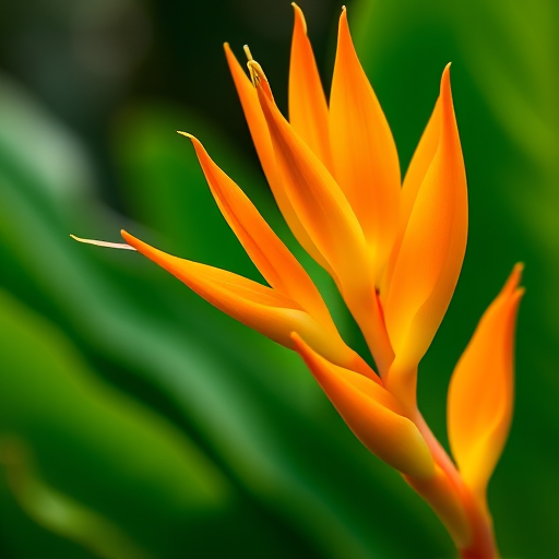 A close-up of a vibrant orange heliconia flower against a blurred green background, captured with a Canon EOS 5D Mark IV, f/2.8 aperture, 50mm lens, ISO 200, natural lighting to enhance colors and details.