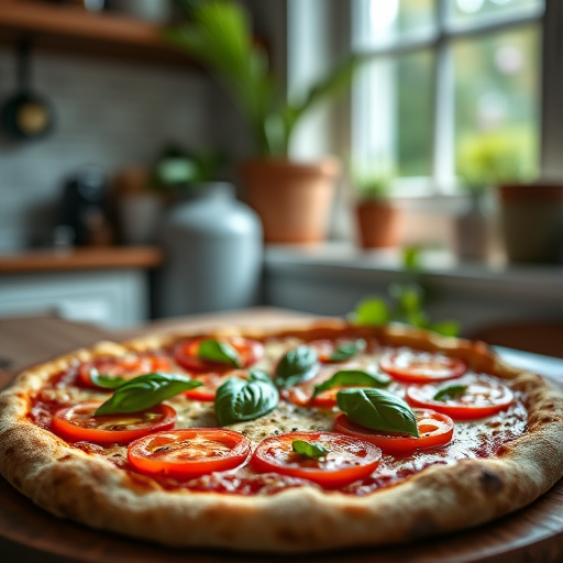 A freshly baked margherita pizza with sliced tomatoes and basil leaves in a cozy kitchen setting, natural light coming through a window, shallow depth of field, taken with a DSLR camera at f/2.8, 50mm lens, ISO 200, with an emphasis on vibrant colors and texture.
