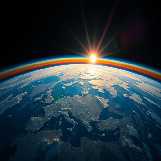 Generate a high-resolution image of a bright sunrise over a blue planet from a satellite perspective, using a Canon EOS R5 camera with a 24-70mm lens at f/11, ISO 100, 1/200s, wide-angle view, emphasizing vibrant colors and sharp details.