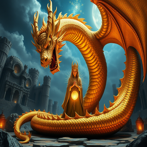 fantasy scene of a golden dragon with intricate scales and flowing mane coiled around a serene figure holding a glowing orb, surrounded by mystical ruins and celestial elements, shot with a DSLR camera at f/2.8, ISO 100, 24mm lens, in vibrant colors and high dynamic range, from a low angle to emphasize the dragon's grandeur