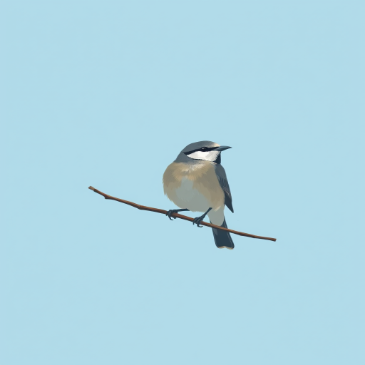 Create a digital illustration of a bird sitting on a branch against a light blue background, focusing on a minimalist and stylized design with high contrast, using a Canon EOS R5 with a 85mm f/1.2 lens at ISO 100, aperture f/2.8, and a shutter speed of 1/500s for enhanced detail and clarity.
