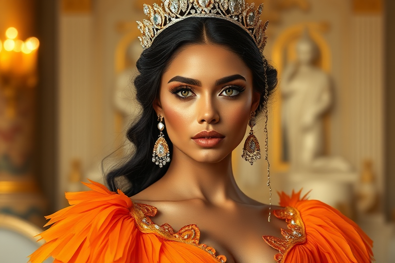 A gorgeous Native American woman in a luxurious orange gown, accessorized with a dazzling tiara and statement earrings, her deep Yellow eyes highlighted by impeccable makeup, poised in a royal setting, photorealistic, 8K quality