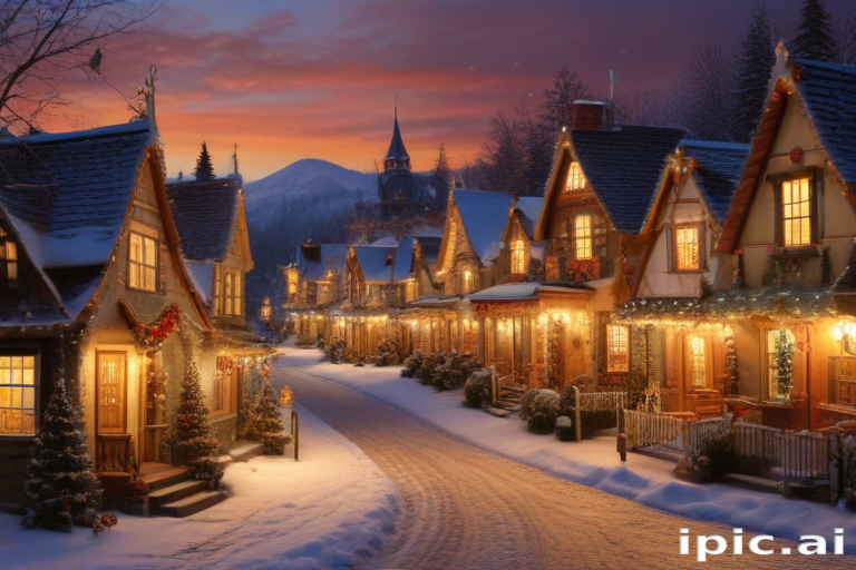 Charming Winter Village Scene with Snow-Covered Houses and Festive Lights