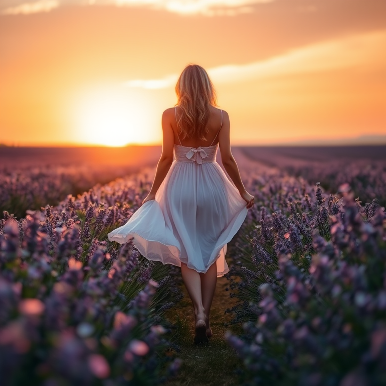 Soft-focus image of a woman walking through a lavender field at sunset, her dress billowing in the breeze, with soft purple flowers stretching out in every direction under a golden sky.
