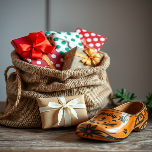 a burlap bag filled with colorful wrapped presents, traditional Dutch wooden clogs beside it, soft lighting, high-resolution, close-up view, aperture f/2.8, shutter speed 1/125s, ISO 200, DSLR camera
