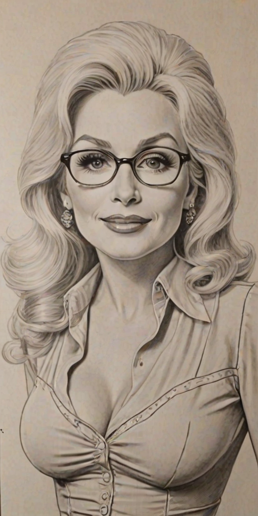 Superb Dolly Parton, pencil sketch, portrait of Ravishing woman 1943s in glasses, hair style beatnik, outline, clear lines, fine lines, 8k