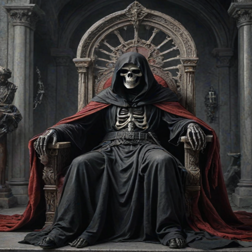 masterpiece, hdr, intricately detailed, magnificent, maximum details, extremely hyper aesthetic the grim reaper sitting on a throne, soft grey and red natural light
