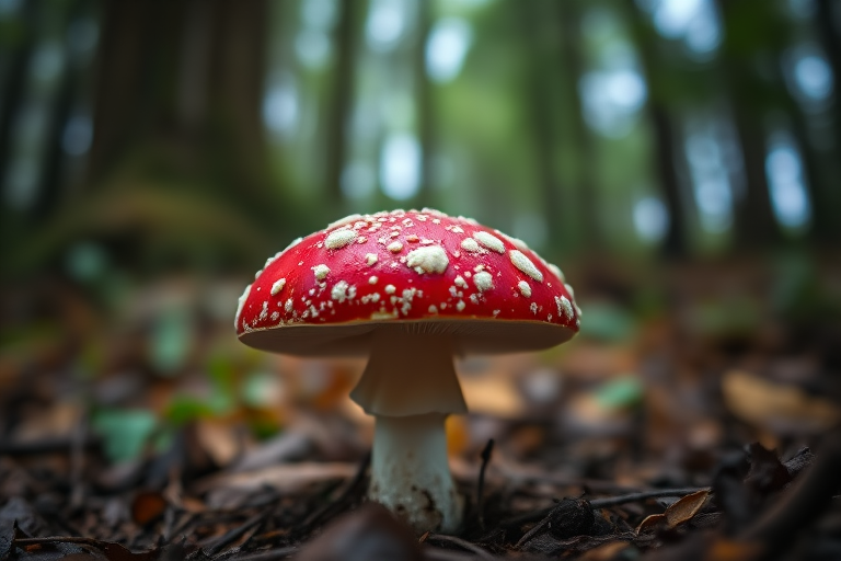 mushroom in a forest setting, vibrant red cap with white spots, soft focus background, low angle view, natural lighting, DSLR camera, f/2.8 aperture, ISO 100, 50mm lens, macro photography techniques