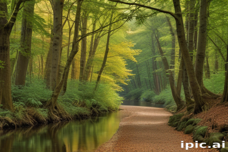 Tranquil Forest Pathway by a Serene River Surrounded by Lush Greenery